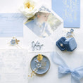 Load image into Gallery viewer, Champagne Custom Drink Topper in Blue on Wedding Stationary in blue color theme