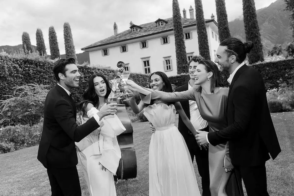 Wedding Guests at Lake Como Villa Balbiano Champagne Toast